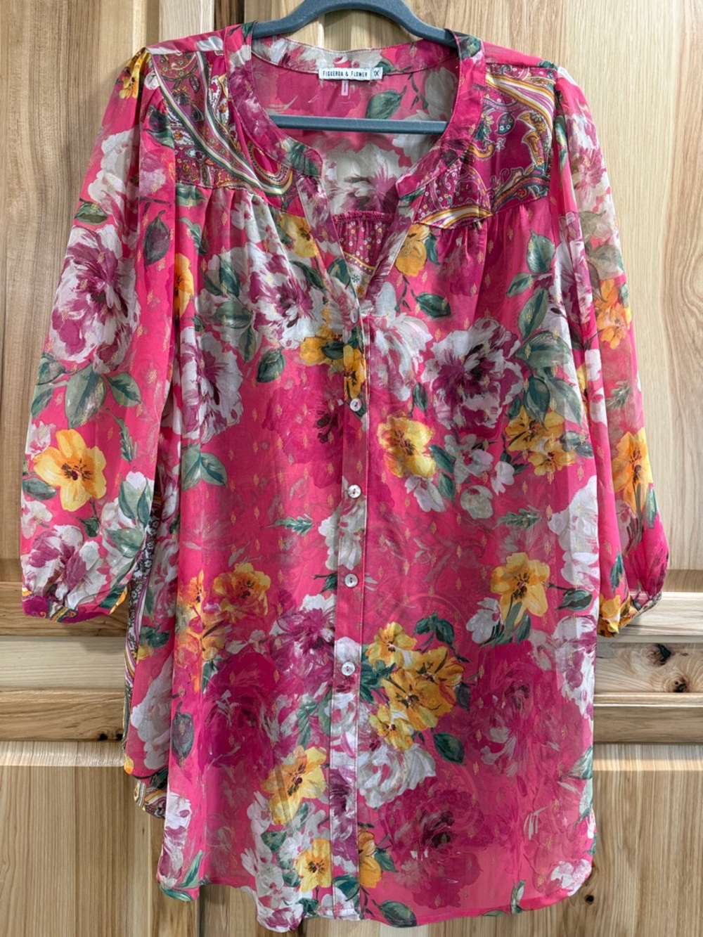 Figueroa & Flower Pink Floral Paisley Tunic Artsy Romantic Boho Mixed Print 1X